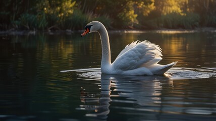 Fototapeta premium The swan's elegant neck curves as it glides through the water, creating ripples that distort its reflection.
