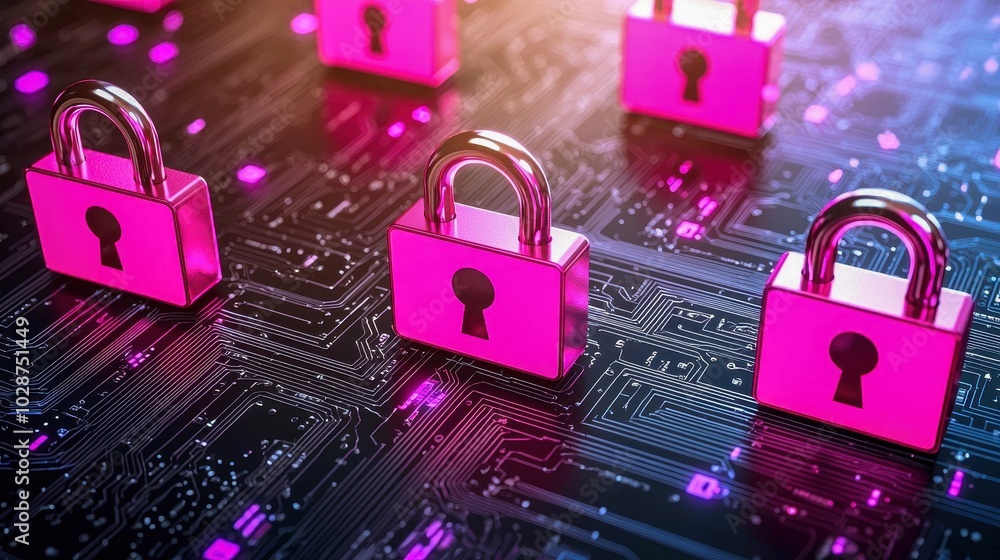 Poster colorful digital locks on a circuit board background representing cybersecurity and data protection.