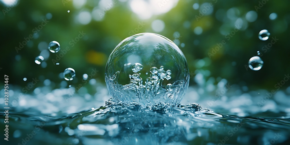 Poster water drop splashing in a pond, creating a large water bubble.