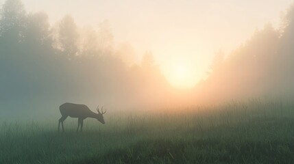 Serene American Countryside Sunrise with Grazing Deer in Foggy Meadow, Ultra-Detailed Cinematic Light