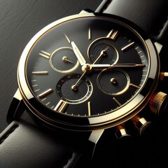Close up of Black wristwatch with golden details. Ideal for advertising watch concepts,. logo icon design. premium illustration