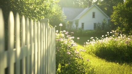 Fototapeta premium Serene American Countryside Life: Farmhouse, Picket Fence, Flowers | Ultra-Detailed, Cinematic Light