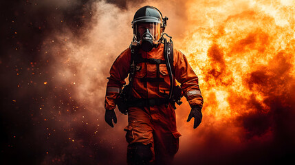 Firefighter in protective gear walking through smoke and flames.