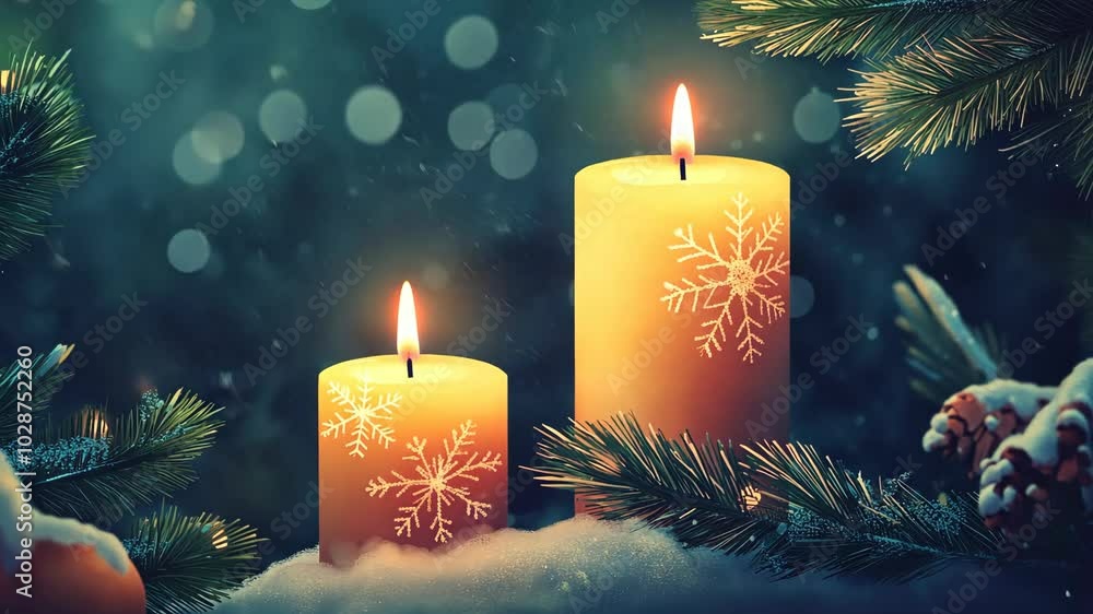 Poster two candles with snowflake designs are lit in the snow with pine branches around them
