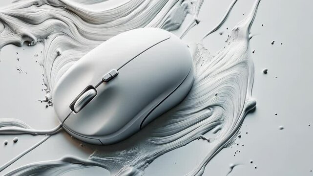 A white computer mouse sits on a white surface with white paint splattered around it