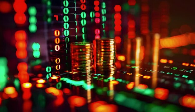 Cryptocurrency coins against tech binary abstract background.
