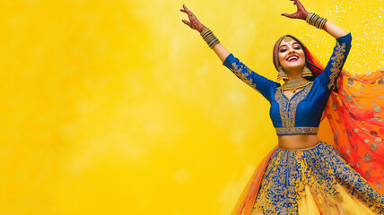 Lohri Festiva. Photograph a joyful person dancing in traditional Punjabi attire on a bright yellow background