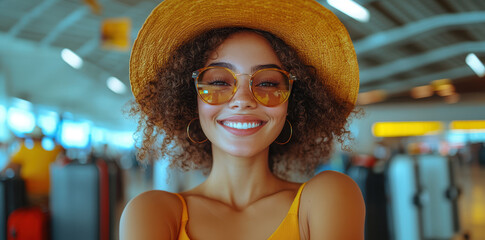 A cheerful young woman with curly hair and sunglasses, wearing a hat on her head, celebrates success at an airport terminal with luggage in the background.