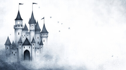 Obraz premium Majestic castle towers rise through misty clouds, evoking a sense of mystery and wonder, AI