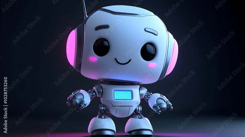 Poster cute robot character with a friendly expression and glowing features.