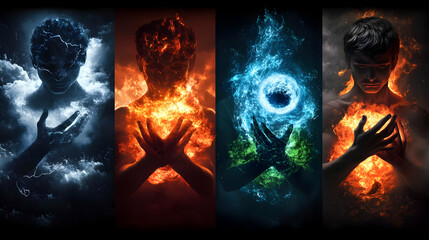 Four figures embodying elemental powers fire, water, earth, and air.