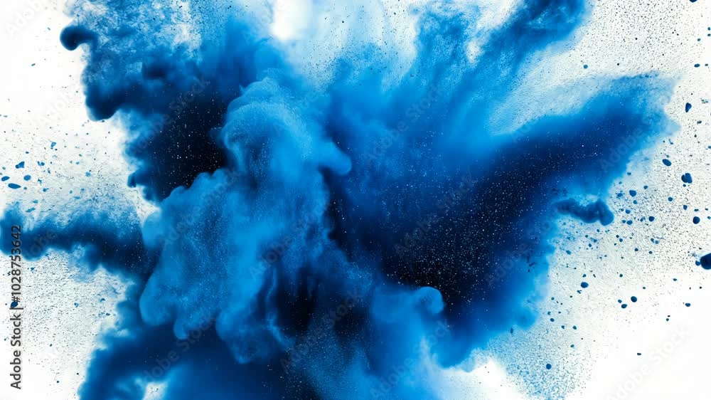 Poster blue particles exploding on white background