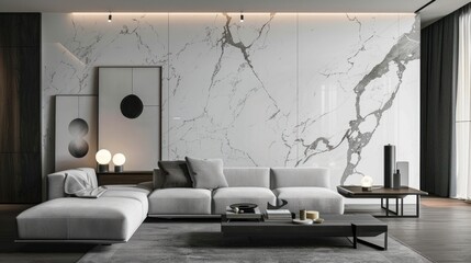 Modern living room interior with a marble wall and a grey sectional sofa