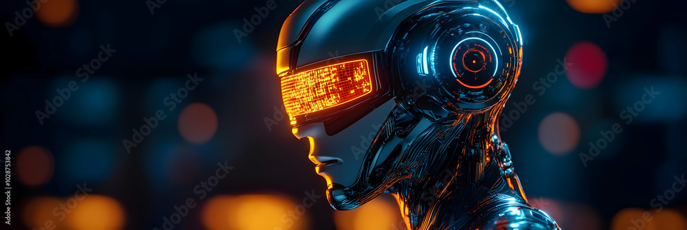 Poster cyberpunk robot head with glowing eyes and data stream