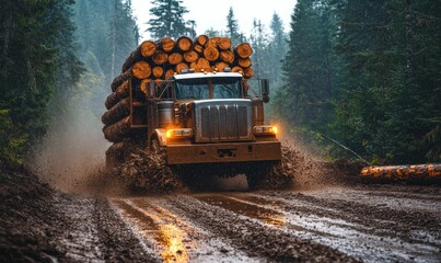 Log truck hauling logs through muddy forest.