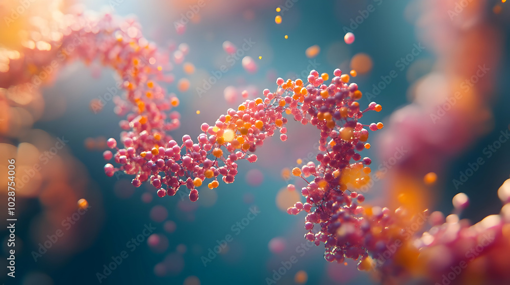 Poster abstract 3d rendering of a glowing dna strand with particles