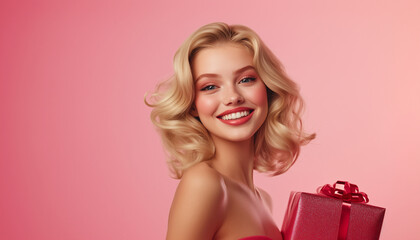 Healthy hair care, beauty smiling woman with clean shampoo hair, holding gift , spa beauty salon or luxury wellness routine discount banner present . natural blonde model isolated on studio background