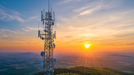 Telecommunication tower on the mountain with beautiful sunrise in the background. Copy space.