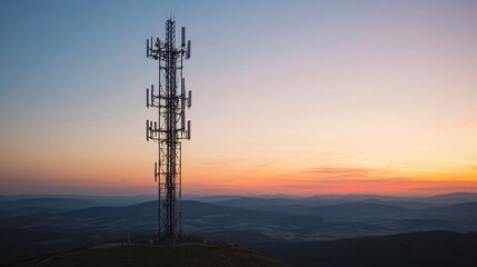 Telecommunication tower on the mountain with beautiful sunrise in the background. Copy space.