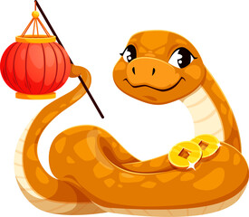 Cartoon snake character with golden coins holding a red lantern, symbolizing the Chinese lunar year, wealth and prosperity. Charming vector zodiac reptile conveys a festive and traditional atmosphere