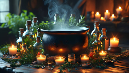 A cauldron of bubbling potion surrounded by candles, herbs, and glass bottles in a dimly lit room