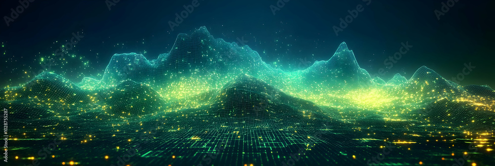 Aufkleber digital landscape renders a 3d terrain with a grid and glowing particles for an abstract background.