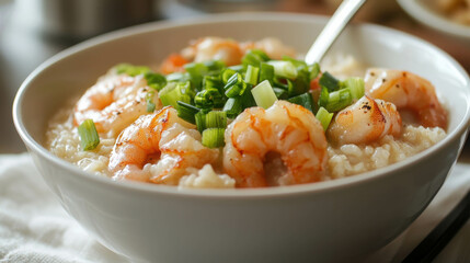 Shrimp and Rice: A comforting bowl of creamy shrimp and rice, garnished with fresh green onions, ready to be enjoyed.  