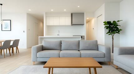 Modern minimalist living room with open kitchen design