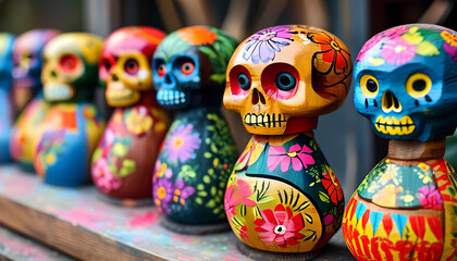 Fototapeta premium A row of colorful, intricately decorated wooden skull figurines, reminiscent of traditional Mexican Day of the Dead decorations