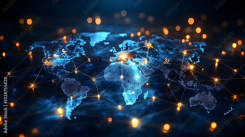 Poster digital world map with glowing connections and network nodes.