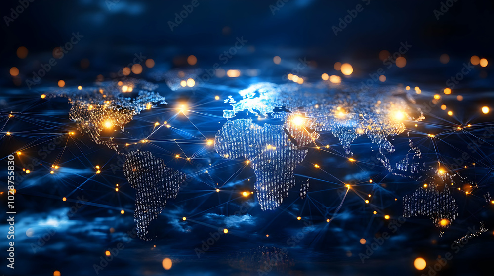 Poster digital world map with network connections and glowing lights.