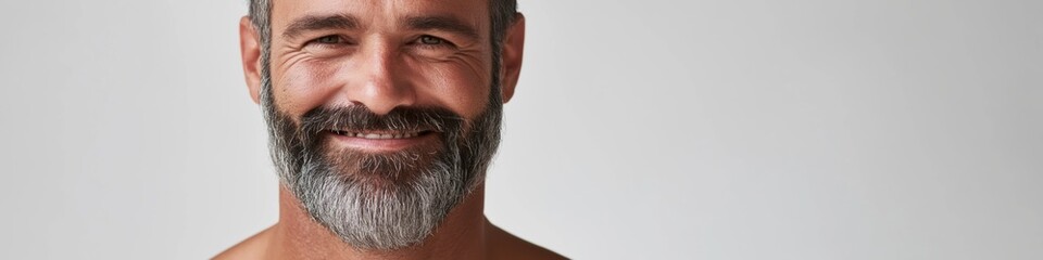 Obraz premium A man with a beard and gray hair is smiling. He is wearing a shirt and is standing in front of a white background