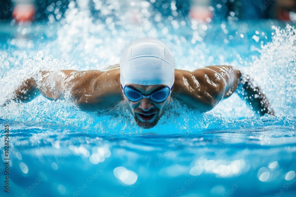 Poster a man swims in a pool wearing goggles and a white cap. he is in the middle of a lap