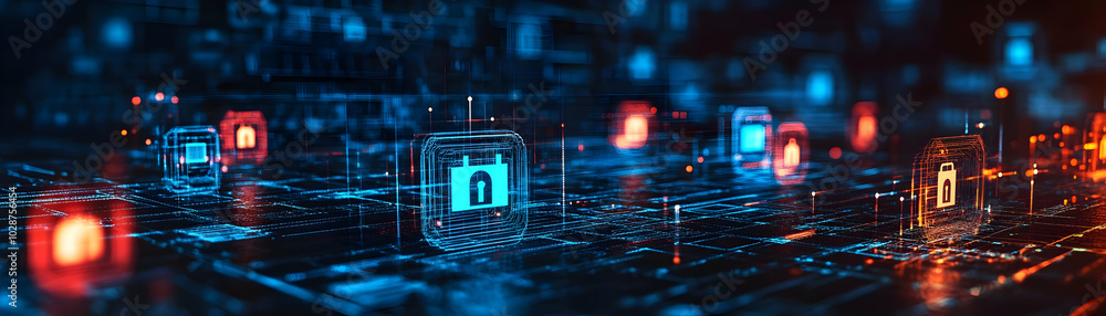 Poster abstract digital network with security padlocks represents cybersecurity