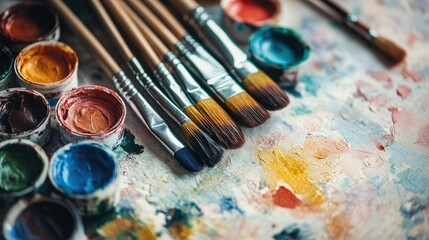 Obraz premium A flat lay of watercolor paints and brushes on a white surface, designed to inspire creativity while leaving room for artistic messages.