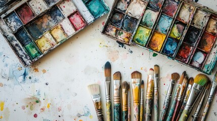 Fototapeta premium A flat lay of watercolor paints and brushes on a white surface, designed to inspire creativity while leaving room for artistic messages.