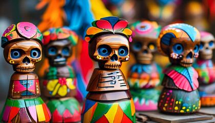 Colorful wooden Day of the Dead figurines with vibrant patterns and expressive eyes