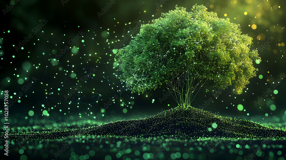 Poster abstract tree with glowing nodes connects on a hillside