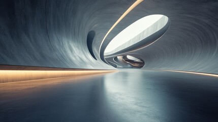 A futuristic 3D render featuring abstract curved architecture with an empty, polished concrete floor, perfect for car displays or high-end presentations.