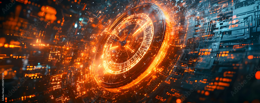Poster abstract technology background with glowing clock face and futuristic circuitry design