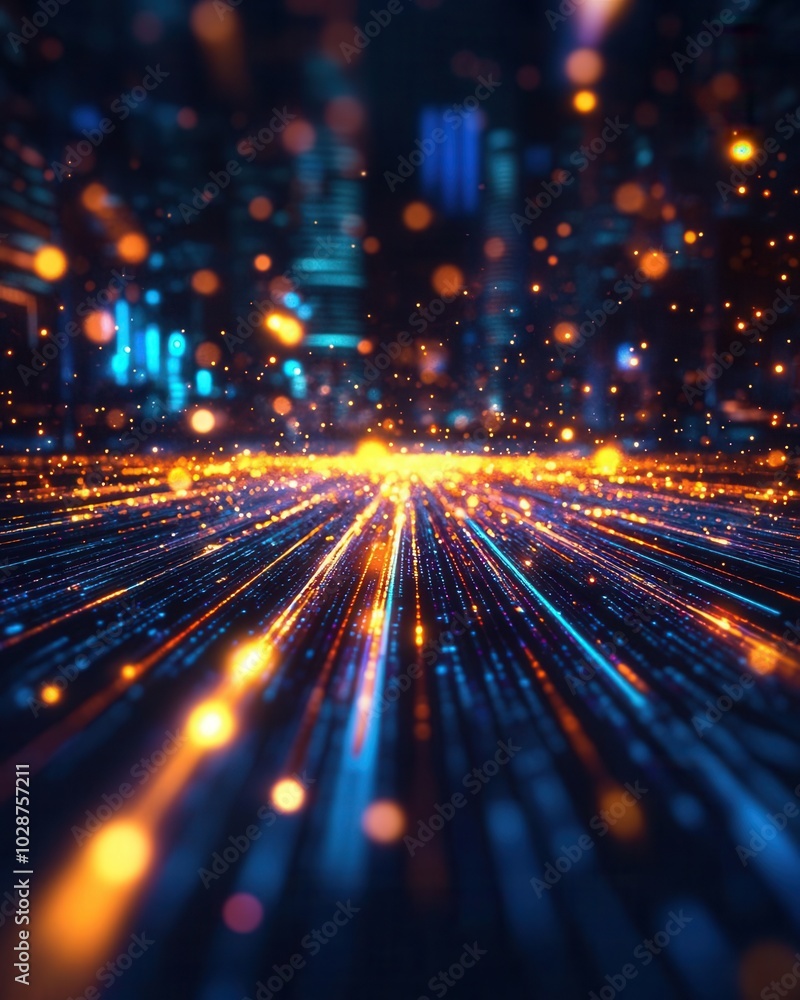 Wall mural abstract technology background with glowing lines and bokeh lights