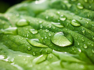 Macro image of water droplets on  green leaves, close-up of rainy season drops rainwater on the grass