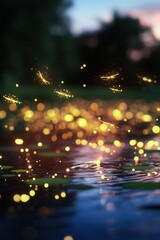 Obraz premium Magical Fireflies Over a Serene Pond at Dusk