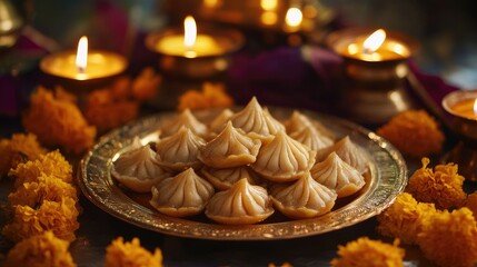 Naklejka premium A golden plate of Modak sweets, surrounded by marigold garlands and oil lamps, creating a festive ambiance for Ganesh Chaturthi celebrations