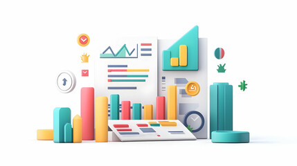 3D Business Documents with Chart: Vector Element Illustrating Financial Planning and Business Deals on White Background for Infographic Use