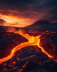 Fototapeta premium Molten Lava Flow at Sunset with Volcanic Mountain in Background