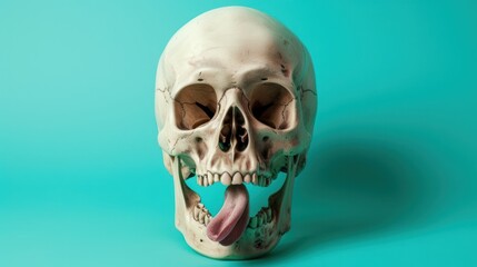 Obraz premium A human skull with its mouth open and tongue sticking out against a turquoise background.