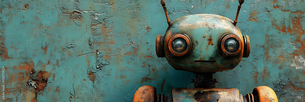 Poster rusty robot stands against a weathered wall with a curious expression