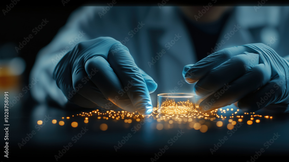 Poster close up of lab technicians gloved hands working with glowing particles