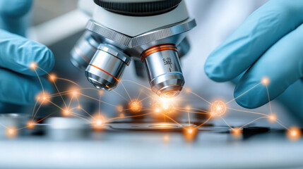 Obraz premium Close up of lab technicians gloved hands using microscope for research